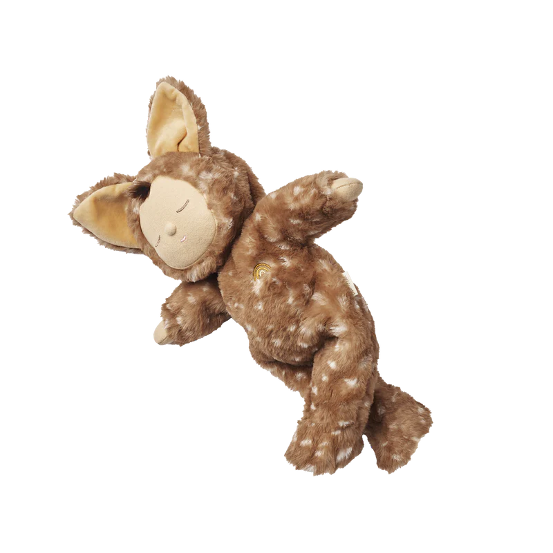 Olli Ella Cozy Dinkum - Fawny Twiggy is a plush toy featuring a sleepy fawn with closed eyes, a beige face, big ears, and soft brown fur with white spots—perfect as an adorable holiday gift or collectible.