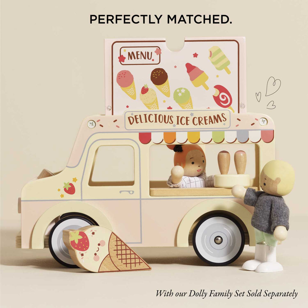 A vintage-style Wooden Ice Cream Van, shipping in one week, features colorful illustrations, a "Delicious Ice Creams" sign, two wooden dolls (one serving, one ordering), playful cone props, and the text: "PERFECTLY MATCHED.