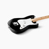 A black Fender X Loog Stratocaster Electric Guitar with a white pickguard and maple neck, positioned horizontally on a white background.