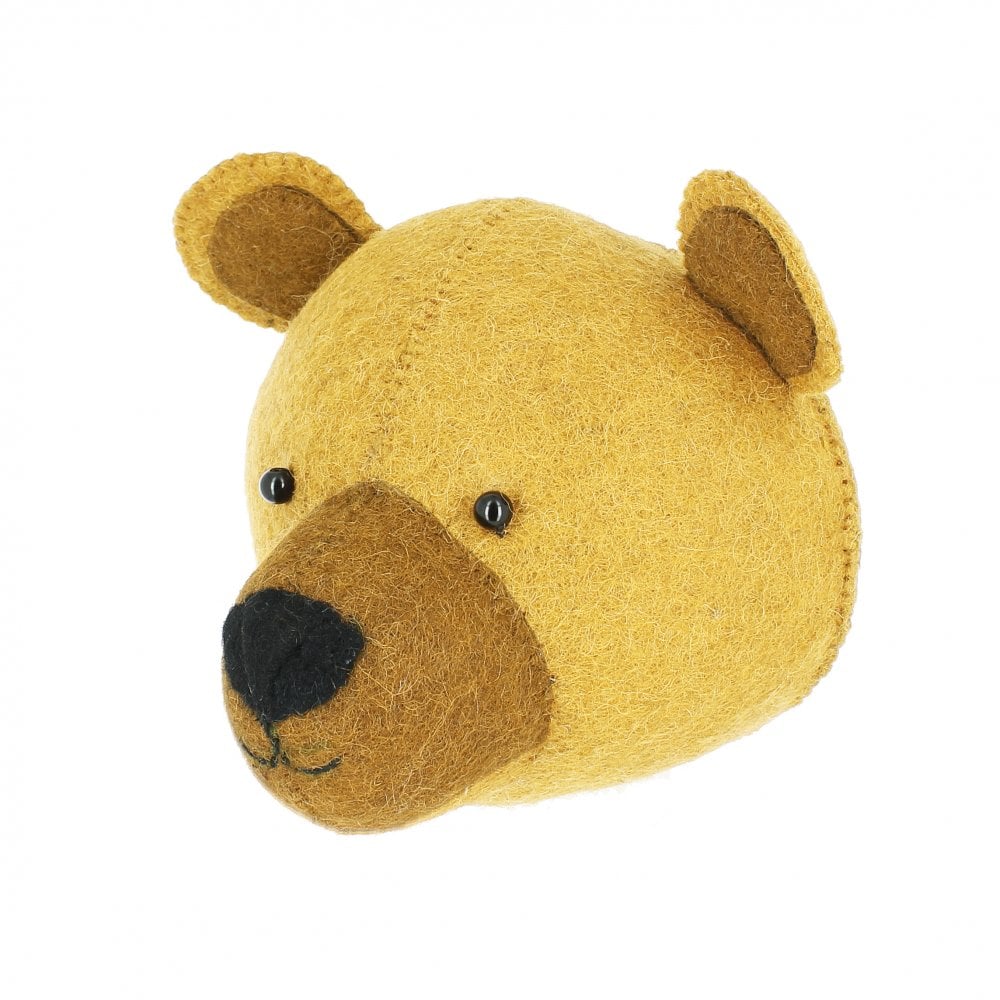 A Handcrafted Felt Bear Cub Wall Decor - Mini with a simple design, featuring a golden-brown color, round black eyes, and a stitched black nose, isolated against a white background.