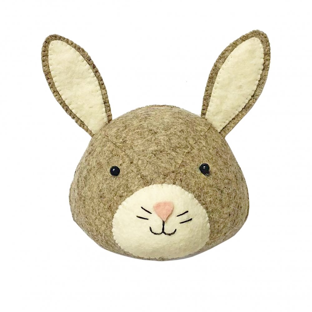A Handcrafted Felt Bunny Wall Decor - Mini with prominent upright ears, black dot eyes, a pink nose, and white inner ear detailing, isolated on a white background.