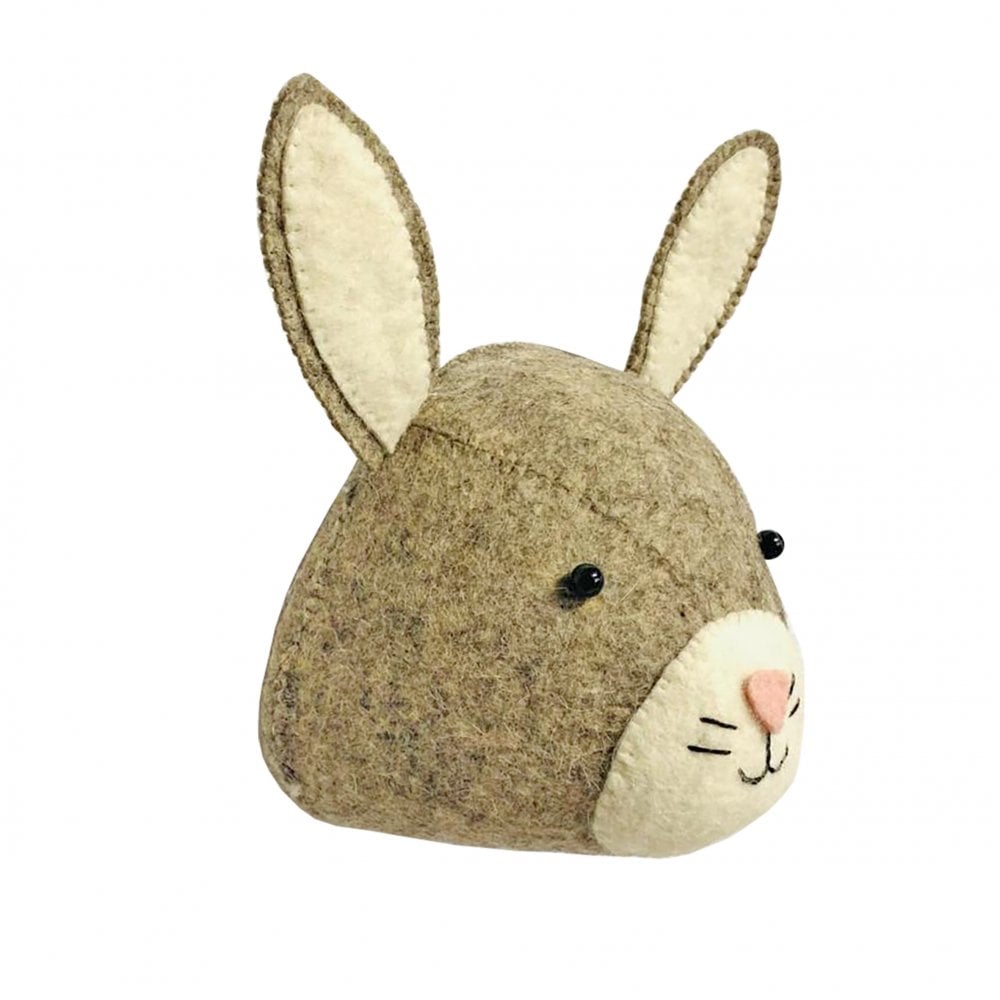 A Handcrafted Felt Bunny Wall Decor - Mini shaped like a rabbit's head, featuring large, upright ears, black bead eyes, a pink nose, and stitched facial details against a handcrafted light brown felt fabric.