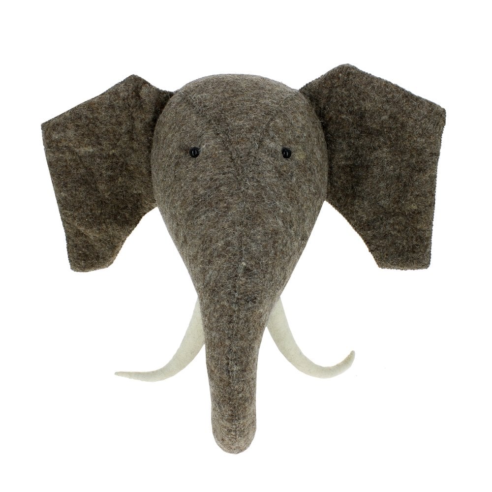 A Handcrafted Felt Elephant with Tusks Wall Decor - Large, crafted from organic wool, featuring a gray felt body with prominent ears, tusks, and stitched eyes, isolated on a white background.