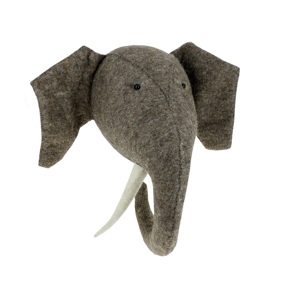 A Handcrafted Felt Elephant with Tusks Wall Decor - Large featuring large ears and white tusks, crafted from gray felt fabric, displayed against a plain white background.