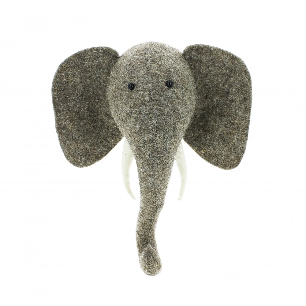 A handcrafted Felt Elephant with Tusks Wall Decor - Mini toy with oversized gray felt ears and a long trunk, featuring beady black eyes and a white string for hanging, isolated on a white background.