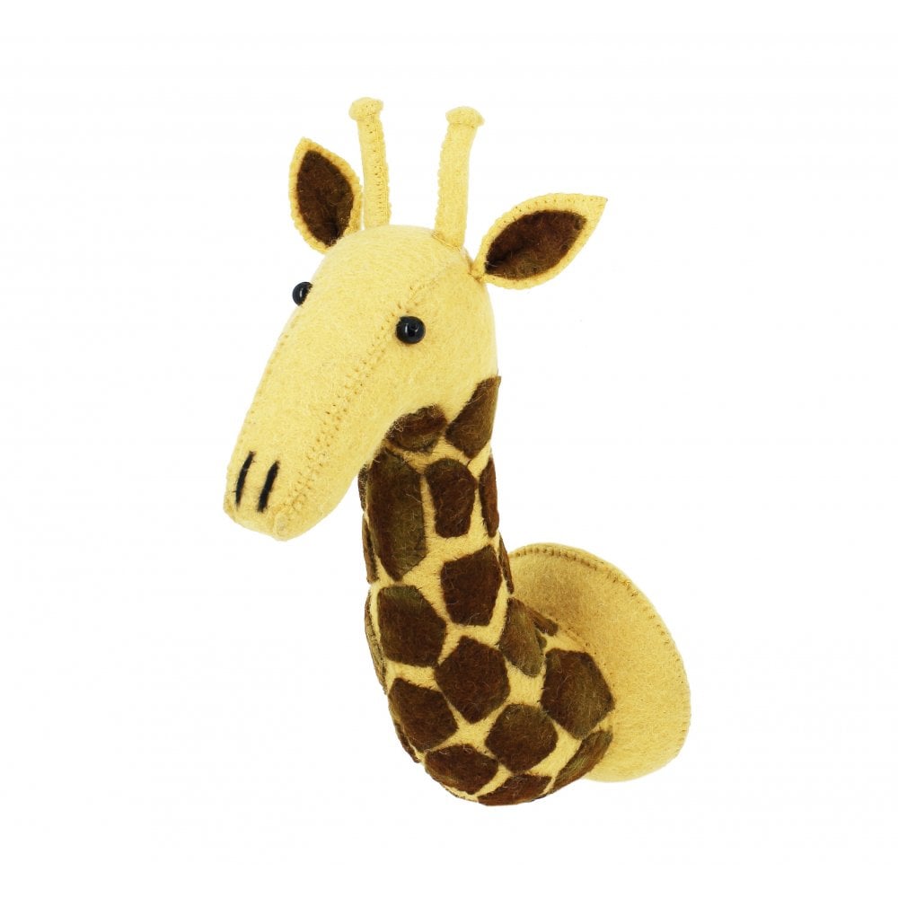 Plush toy Handcrafted Felt Giraffe Wall Decor - Mini handcrafted with a yellow body and brown spots, featuring black eyes and small horns, isolated on a white background.