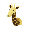 Plush toy Handcrafted Felt Giraffe Wall Decor - Mini handcrafted with a yellow body and brown spots, featuring black eyes and small horns, isolated on a white background.