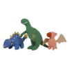 Three Olli Ella Holdie Pre-Historic Animals on a black background, including a green T-Rex, a blue Ankylosaurus, and a brown Triceratops.