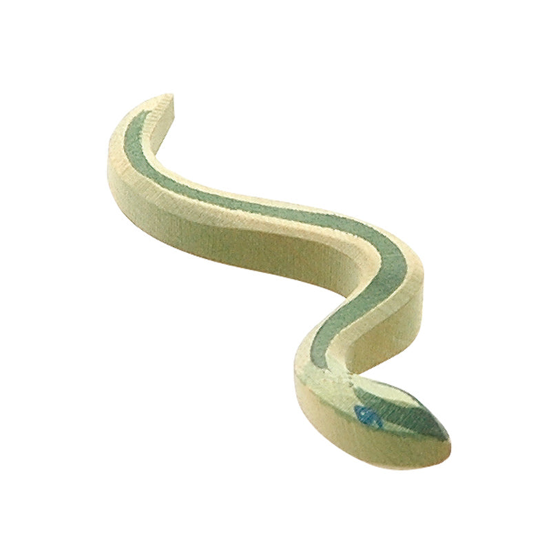 A light green, handcrafted wooden, three-dimensional Ostheimer Snake toy piece isolated on a white background.
