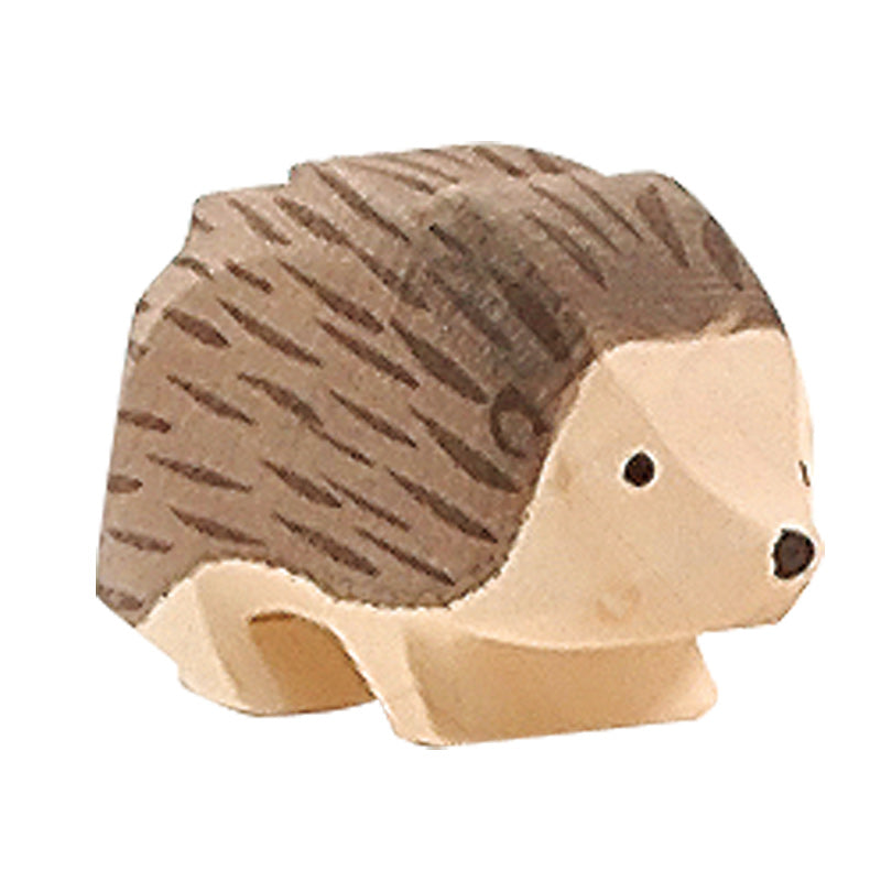 A handcrafted wooden carving of an Ostheimer Hedgehog, showcasing detailed textures to emulate spines, with a simplistic and cute facial expression.