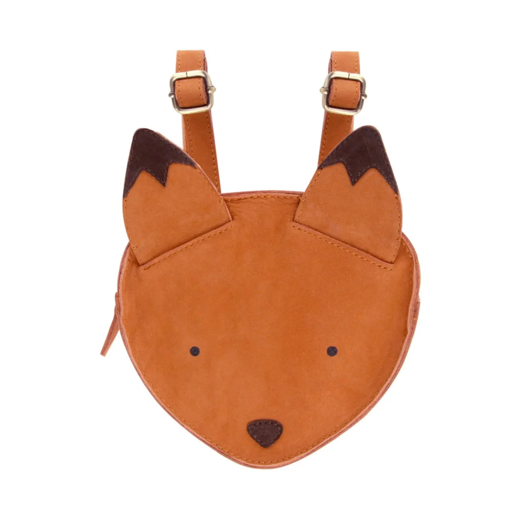 A Donsje Mini Leather Backpack - Fox designed in the shape of a fox's head, featuring dark-brown ears and a nose, with adjustable straps and a front closure, viewed from the front against a white background.