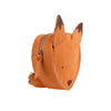 A small, round, fox-shaped crossbody bag in a tan color with pointed ears and stitched facial features on a white background, featuring Donsje Mini Leather Backpack - Fox design.