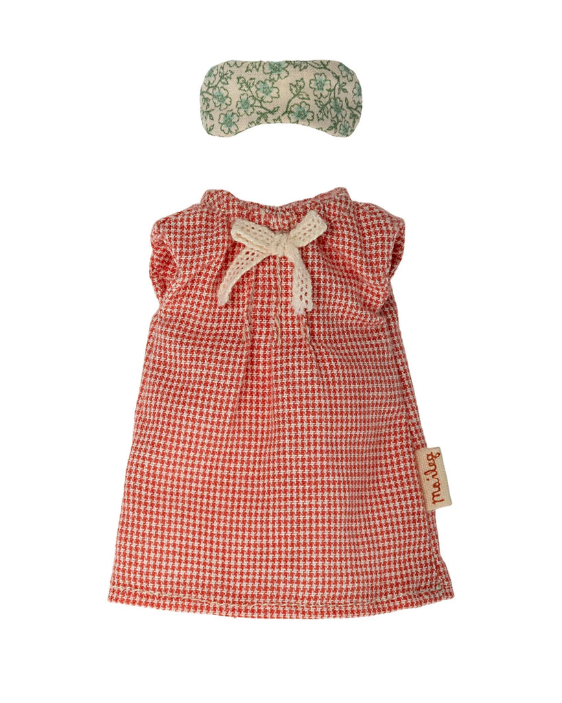 A red and white checkered baby dress with lace details around the neck and a matching floral headband, displayed on a Maileg Farmhouse - Fully Furnished background.