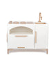 A compact wooden Milton & Goose Play Kitchen With Pizza Oven - Made in USA painted in white and natural wood colors, featuring an oven, stove, and sink with minimalist design elements.