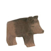 A simple wooden carving of a Ostheimer Wild Boar, depicted in a standing position with its profile facing left, showcasing noticeable textural wood grain details throughout its body, perfect for imaginative play.
