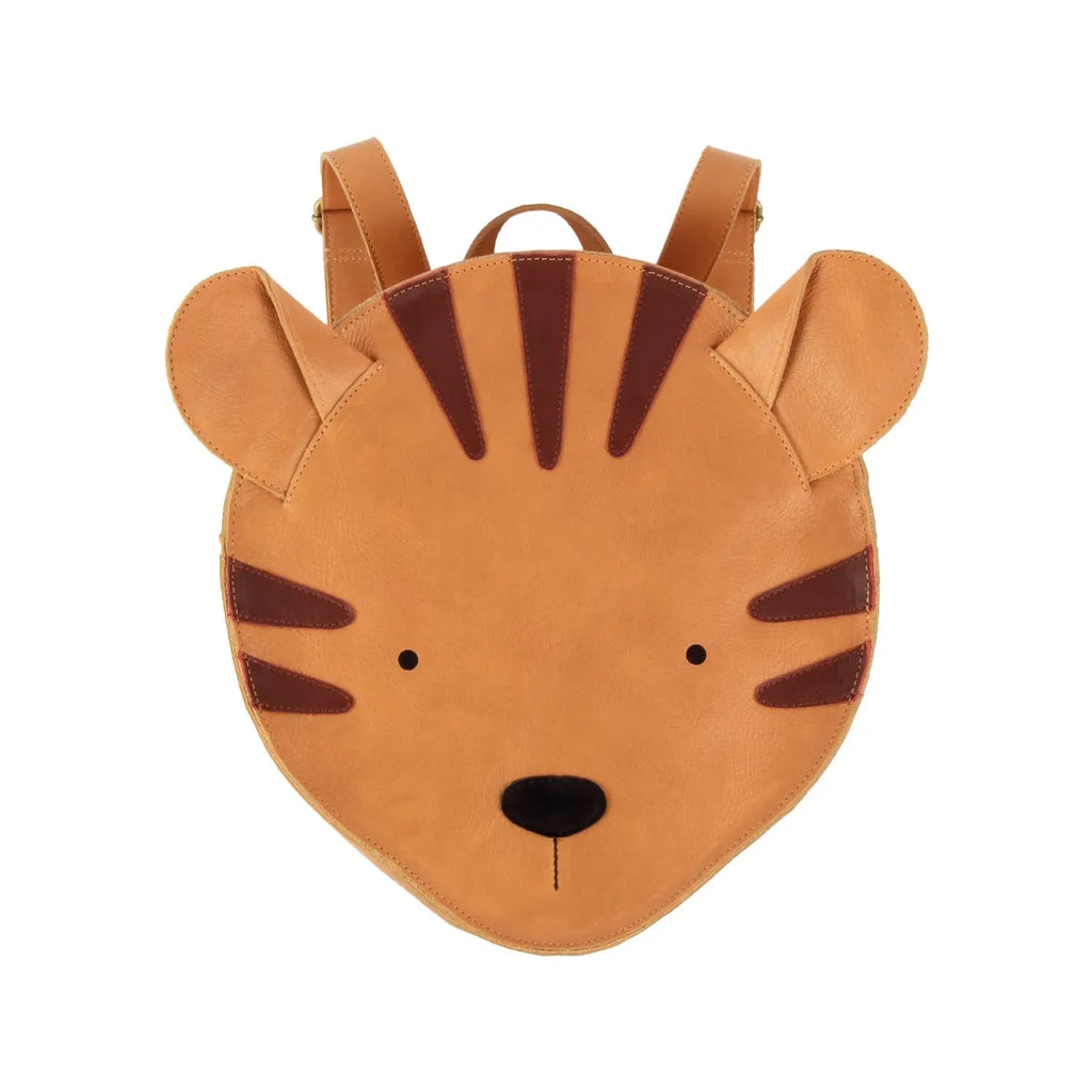 A cute children's backpack designed to look like a tiger's face, featuring a light brown base color with darker brown stripes and accents, and a simple black nose. This Donsje School Leather Backpack - Tiger is perfect.