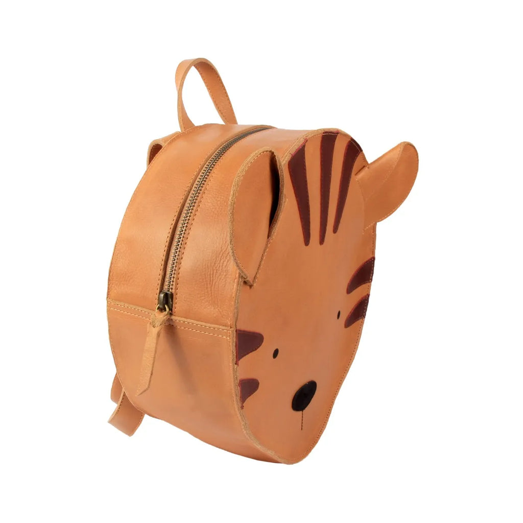 A small, stylish Donsje School Leather Backpack - Tiger designed to look like a tiger with a prominent face and stripes, crafted in premium leather with a visible zipper on a white background.