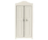 A white, vintage-style wardrobe with two paneled doors, rounded top edges, and small round knobs in the center. This elegant Maileg Small Closet is crafted from FSC wood and features golden hangers inside. The classic design includes decorative molding on each door.