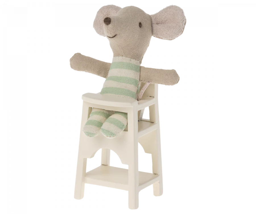 A Maileg Mouse Size High Chair, featuring a stuffed mouse toy with gray and white coloring and green-striped limbs, positioned against a plain background.