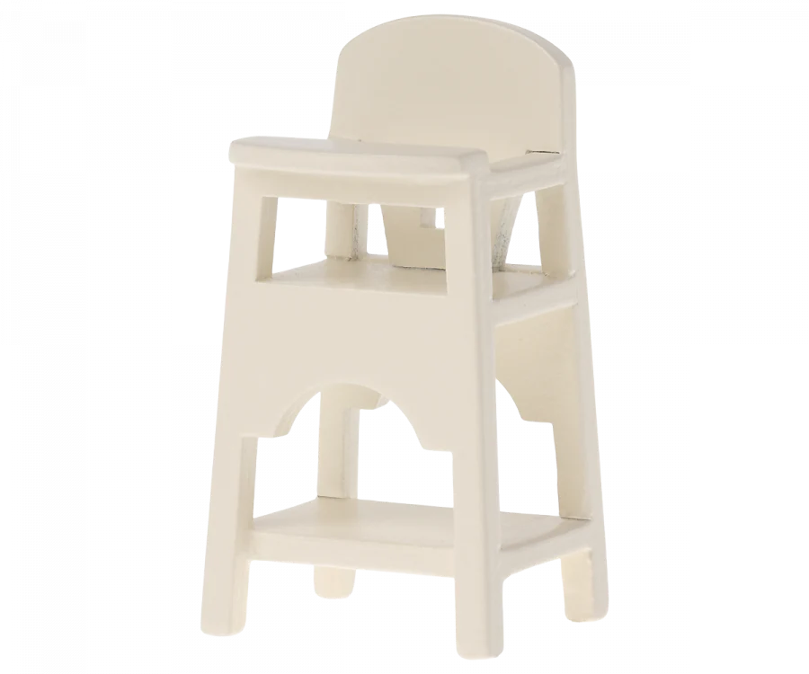 A beige Maileg Mouse Size High Chair for children made of plastic, featuring a built-in safety bar and footrest, set against a plain white background.