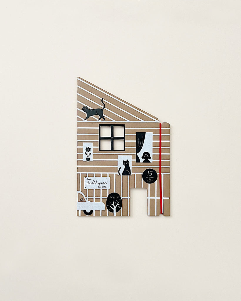 A stylized, graphic illustration of The Dollhouse Drawing Book cutout featuring simple depictions of plants, teddy bears, and decor elements in black and white on a beige background.