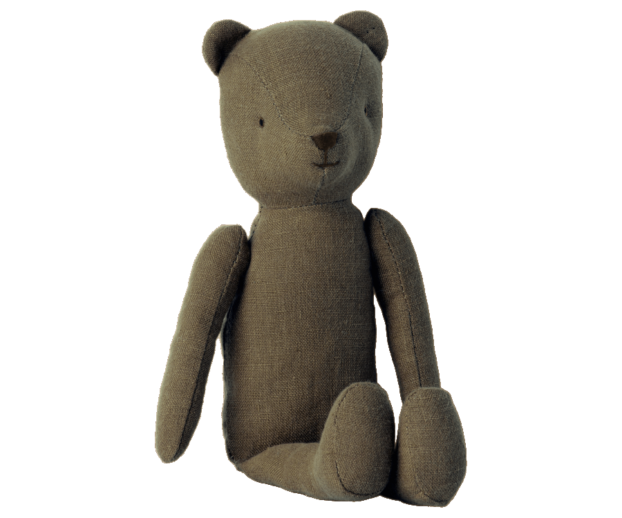 A Maileg Teddy Dad with a minimalist design is sitting upright. The bear has simple black eyes, a small nose, and no visible clothing or accessories. Its soft linen fabric appears to be textured, giving it a rustic and vintage look.