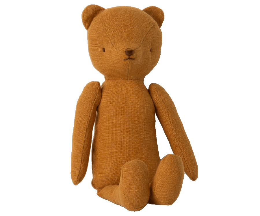 Sentence with product name: Plush Maileg Teddy Mum with a vintage look, featuring a simple, stitched face and elongated arms, isolated on a black background.