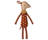 A Maileg Sleep Wakey Bambi Deer stands upright. It has a brown body with cream-colored spots, long legs, arms, and a small tail. The toy has a fabric nose, closed eyes, and wears a small frilled collar around its neck. The 15.75-inch toy's ears are lined with a floral pattern.