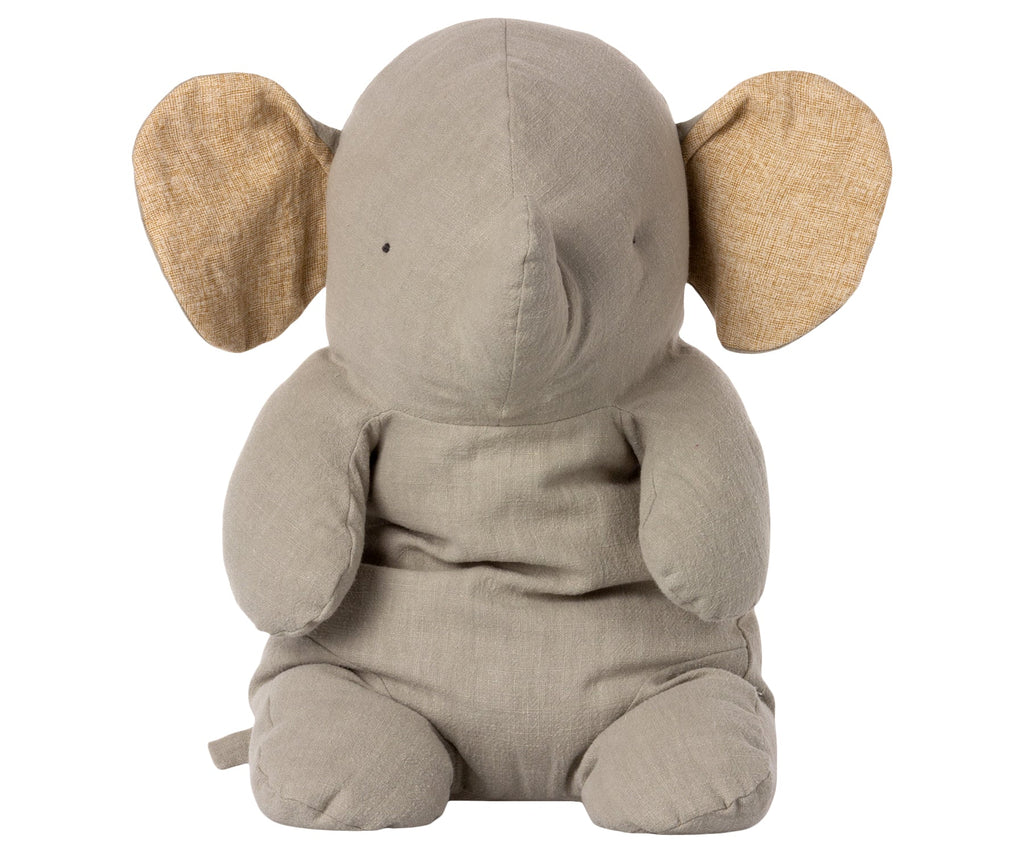 A Maileg Big Grey Elephant with a soft gray body, large floppy ears, and a charming seated position.