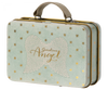 A small, rectangular, mint-colored suitcase with a handle, decorated with golden stars. The front features white, textured angel wings and the text "Guardian Angel" in gold. Inside, you'll find the Maileg Angel Mouse in Metal Suitcase tucked snugly away for safekeeping.