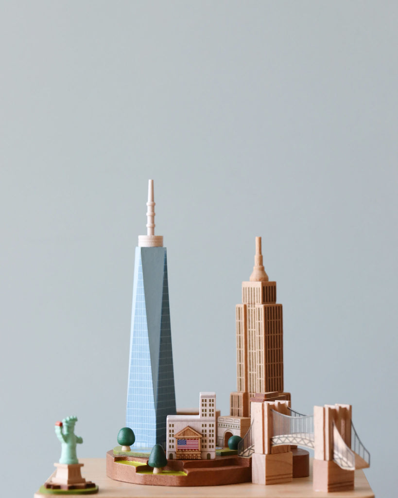 A close up of the landscape of the music box, showcasing the skyscrapers of New York City.
