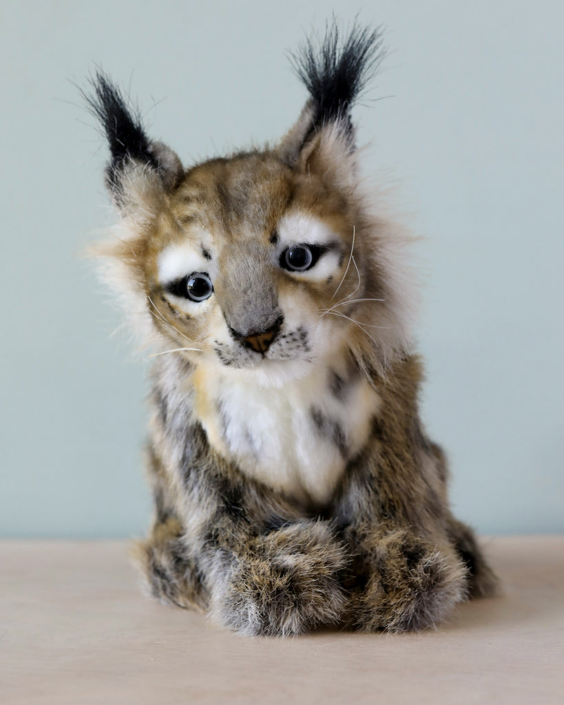 A handcrafted Lynx Cub Animal plush toy, featuring large expressive eyes, a white and brown fur pattern, and distinctive black tufts on the ears, sits against a soft neutral background.