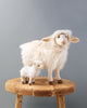 A Sheep Stuffed Animal and its lamb standing on a wooden stool against a gray background. Both toys are fluffy and white, with the mother sheep looking directly at the viewer. These artisan plush animals evoke a