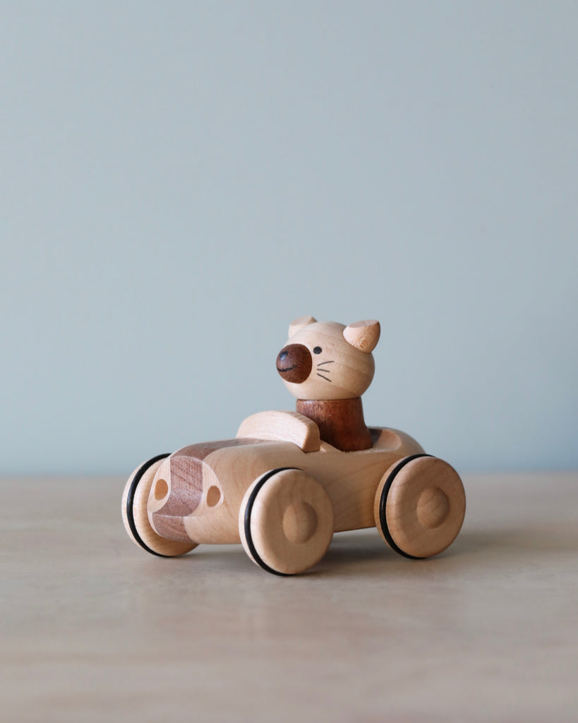Wooden car toy with a cat as the driver.