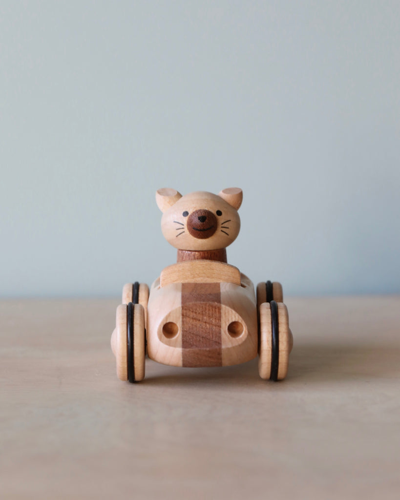Wooden car toy with a cat as the driver.