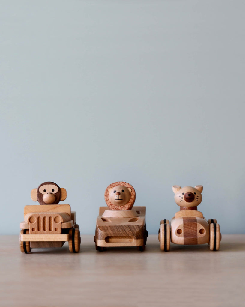 Three wooden car toys with animal inside.