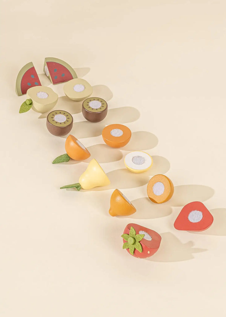 Wooden pretend play fruits sliced in half.
