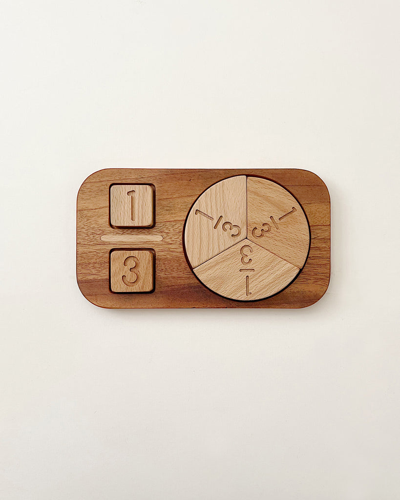 Wooden Fraction Puzzle - Made in USA on a light background, designed for preschoolers and featuring numbers 1 to 3 on separate pieces alongside a circular piece divided into thirds, each labeled with the numbers 1.