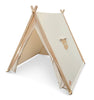 A beige canvas Indoor/Outdoor Play Tent for children, featuring sustainable pine wood poles and a roll-up flap door secured with a toggle, isolated on a white background.