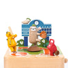 A colorful wooden Baseball Music Box featuring cartoonish animal figures, including a cat pitcher and a sloth batter, with a scoreboard and gas pump on a baseball diamond, enhanced with a hand-cranked.