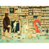 A whimsical painting of a library filled with a bear, a zebra, and three people of various ages, surrounded by books and objects of art and science, inspired by Emily Winfield Martin, The Library Puzzle - 1000 Piece.