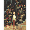 Illustration of a young person standing next to a dark, mushroom-covered staircase, with various types and colors of mushrooms sprouting all around in a whimsical pattern, reminiscent of an Emily Winfield Martin Mushroom Boy Puzzle - 500 Piece.