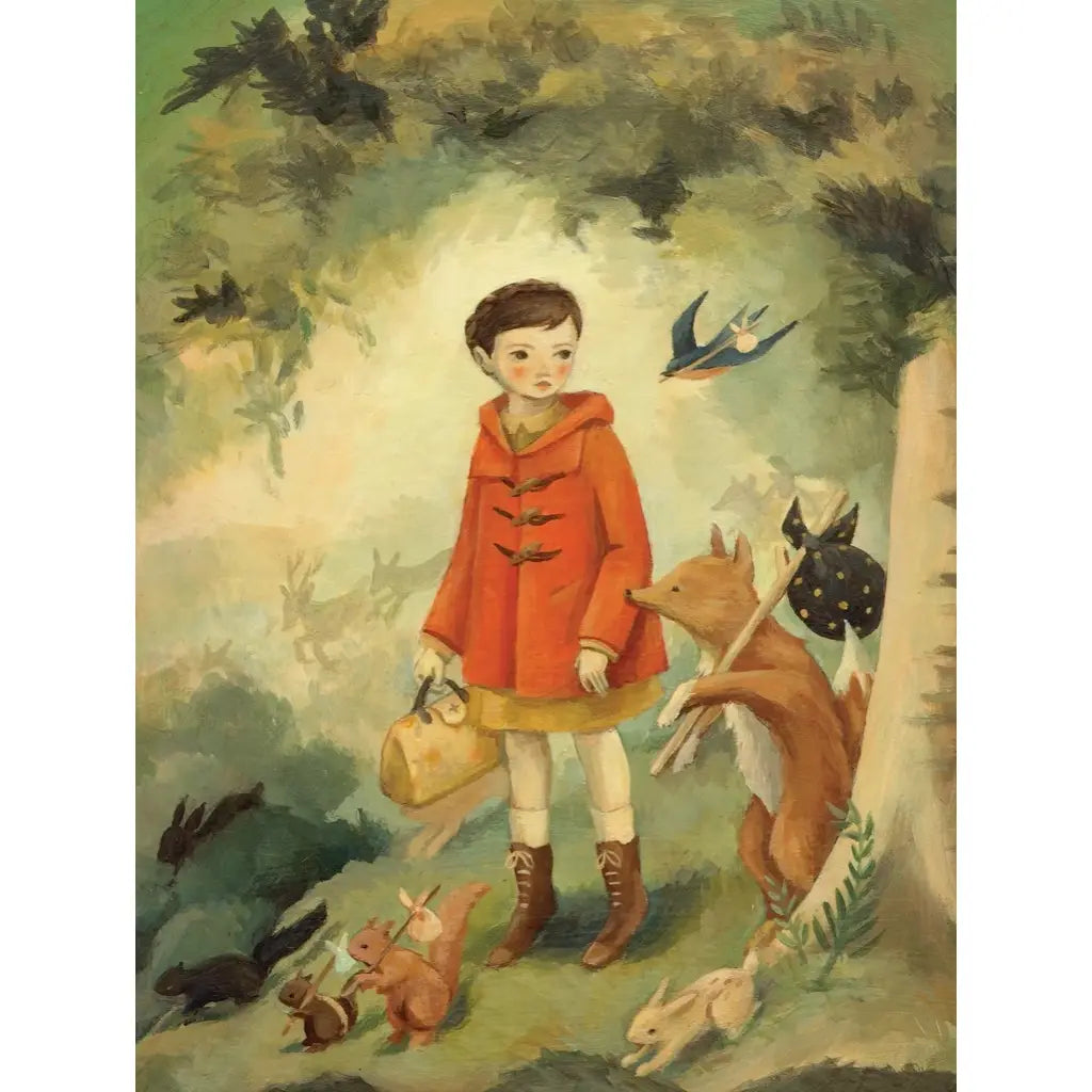 A whimsical jigsaw puzzle featuring a child in a red cloak, holding a basket and a stick, accompanied by a fox, two rabbits, and birds in a forest setting. 
Product Name: Emily Winfield Martin, Out of the Woods Puzzle - 500 Piece