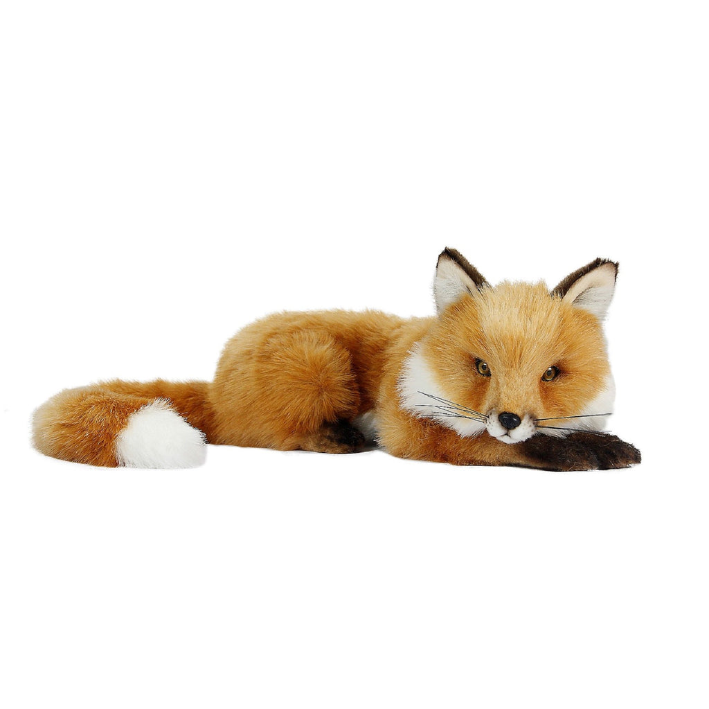 A realistic plush toy of a red fox lying down, with a warm orange coat, white underbelly, pointed ears, and a bushy tail, featuring artisan hand-sewn details, isolated on Fox Stuffed Animal.