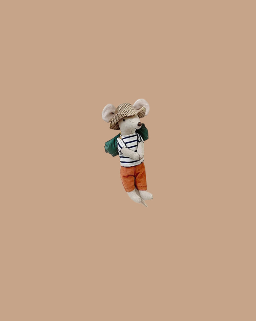 A small, stylish Maileg Hiker mouse plush toy dressed in a green coat and striped shirt, with a gray hat, against a plain white background.