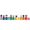 A row of colorful Grapat Together lined up against a white background, varying in size, shape, and color, some wearing hats.