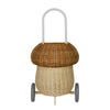 A traditional-style Olli Ella Rattan Mushroom Luggy - Natural, hand-woven from natural rattan, features a large, rounded top basket and a smaller bottom basket, both in light brown. It is set on a metal frame.