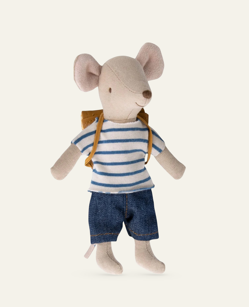 A Maileg Big Brother With Backpack wearing a striped shirt, denim shorts, and a school backpack, standing upright against a white background.