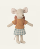 A Maileg Big Sister With Backpack - Old Rose is dressed in an orange and white striped shirt, a blue and white checkered skirt, and a small backpack. The mouse stands upright with arms and legs outstretched.