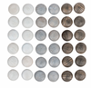 An array of 25 Grapat Mandala Stones in various shades and textures of white and gray, neatly arranged in a five by five grid on a sustainable wood background.